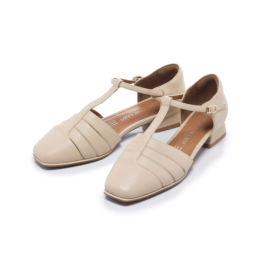 小時光 方頭編織T字繞帶低跟鞋 亞麻 (4J3011)