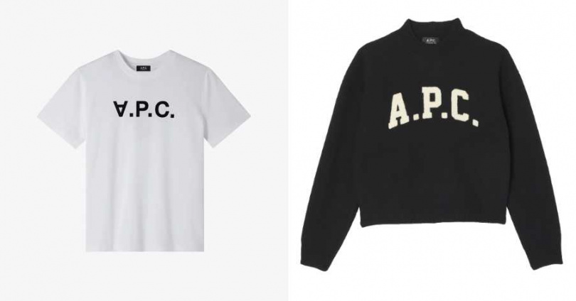 A.P.C. 大VPC白M版GOTS T恤； A.P.C.大學LOGO黑色JADA初剪羊毛衣（圖／品牌提供）