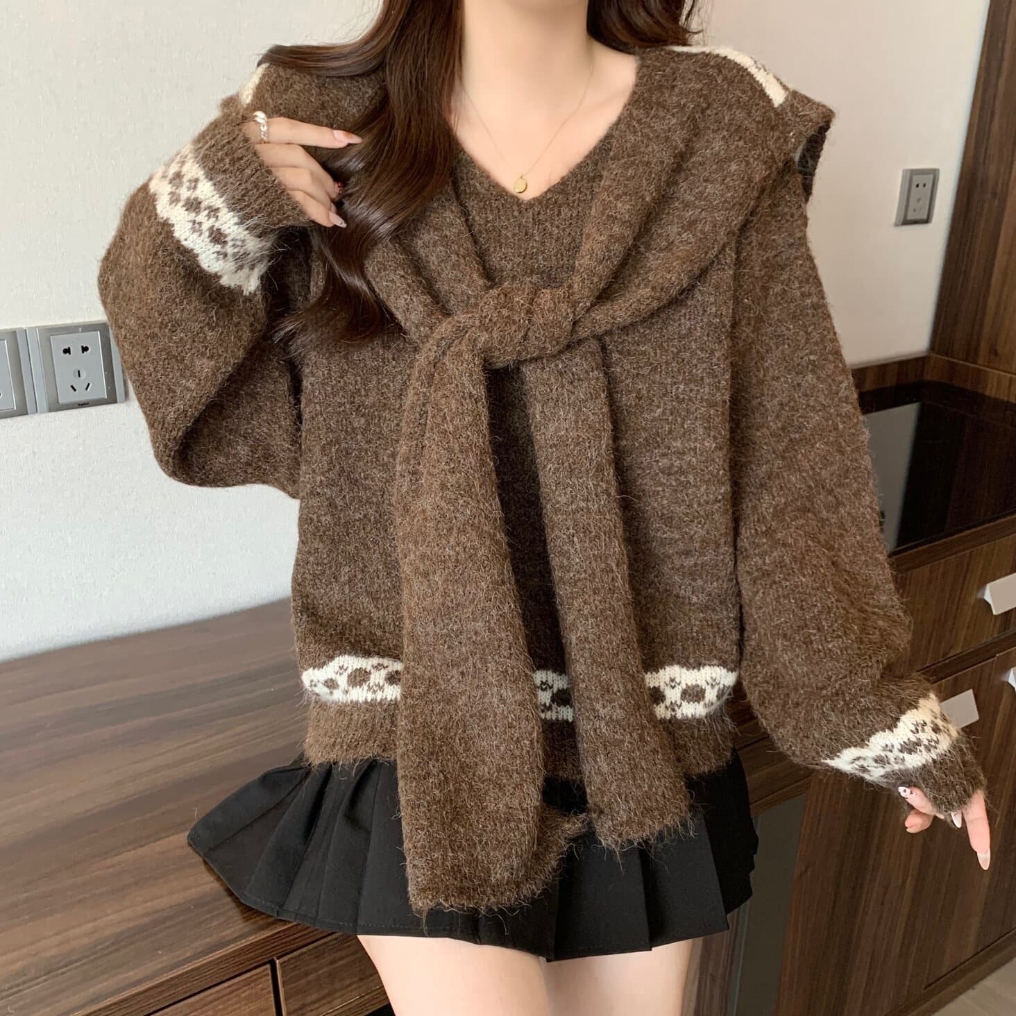 披肩毛衣／V領蝴蝶結圍巾上衣－【350673】