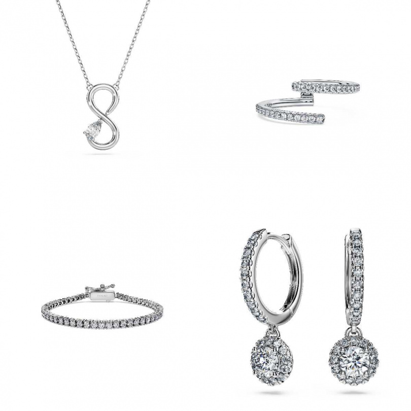 （左上）Swarovski Eternity 鏈墜／38,000元，（右上）Eternity 開口環戒／32,000元，（左下）Eternity Tennis 手鏈／85,000元，Eternity 水滴形耳環／68,000元（圖／品牌提供）