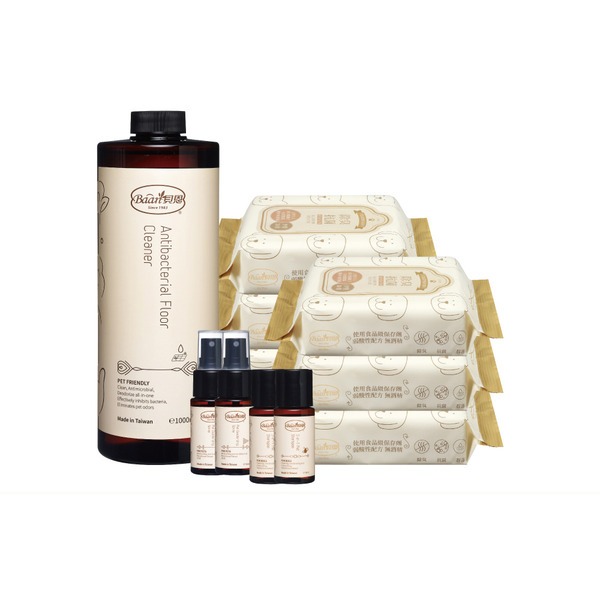 【BAAN PETS 貝恩寵物】超清潔寵物套組(除臭濕巾30抽*2串+淨味噴霧30ml*2+洗寵沐浴露30ml*2+抑菌去味地板清潔劑100ml)-廠商直送