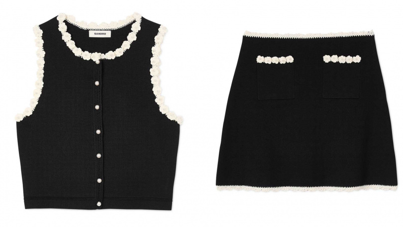 米色鉤編排釦黑色背心／8,190元，米色鉤編黑色短裙／8,190元（圖／品牌提供）