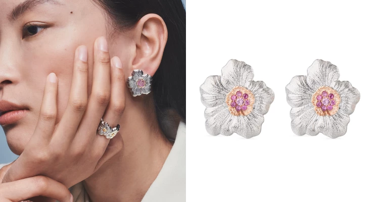 這對來自Buccellati的「Blossoms」精巧耳環，正是將義大利百年的頂級織金工藝，轉化為日常也能輕易駕馭的時髦符碼。更因為有了韓流巨星G-Dragon的私服加持，讓這個原本低調、隱世的高級珠寶品牌，瞬間成為年輕世代的潮流殿堂。（商品價格約：NTD 580,000）