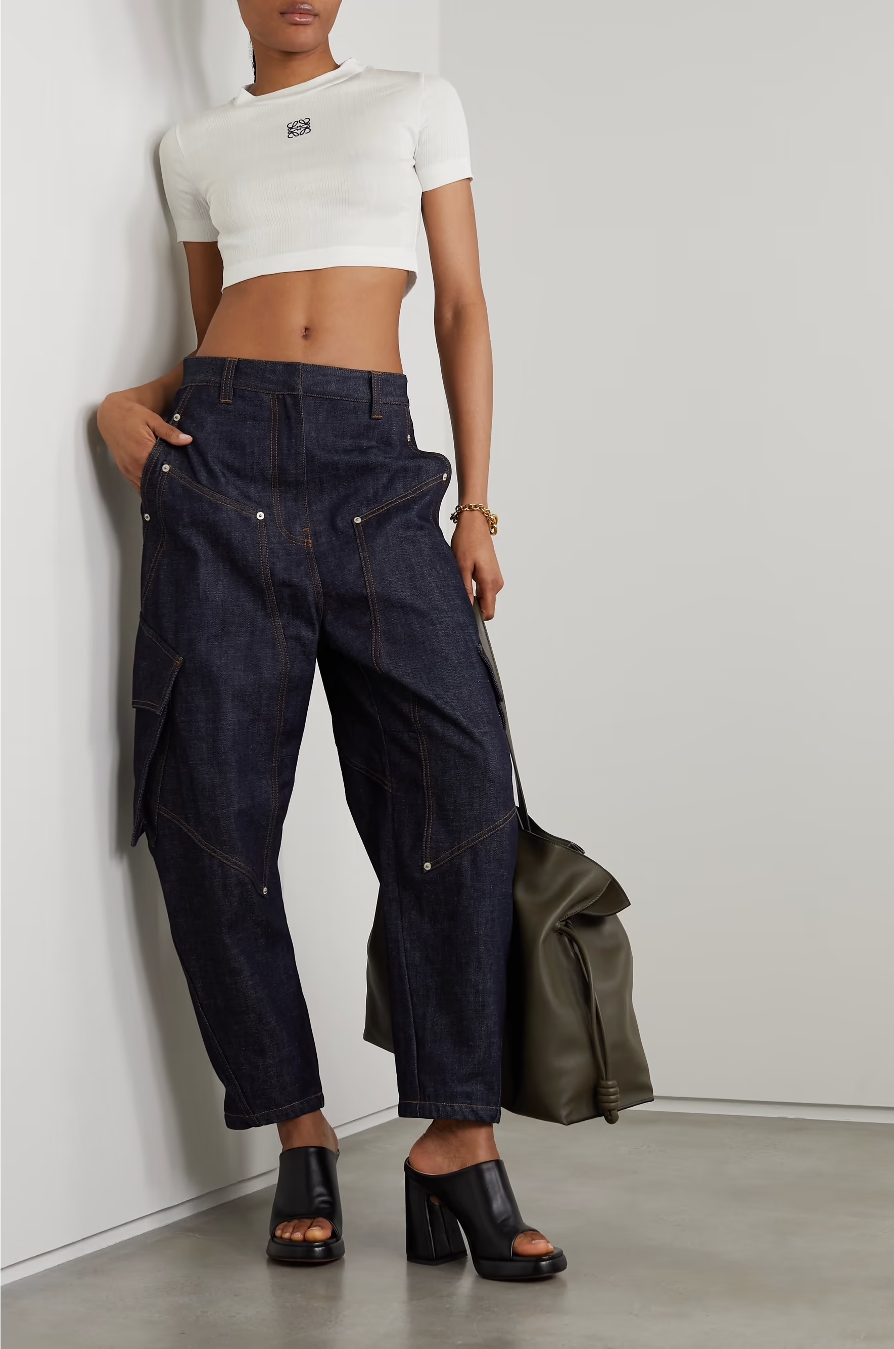 LOEWE Anagram cropped embroidered ribbed cotton T-shirt