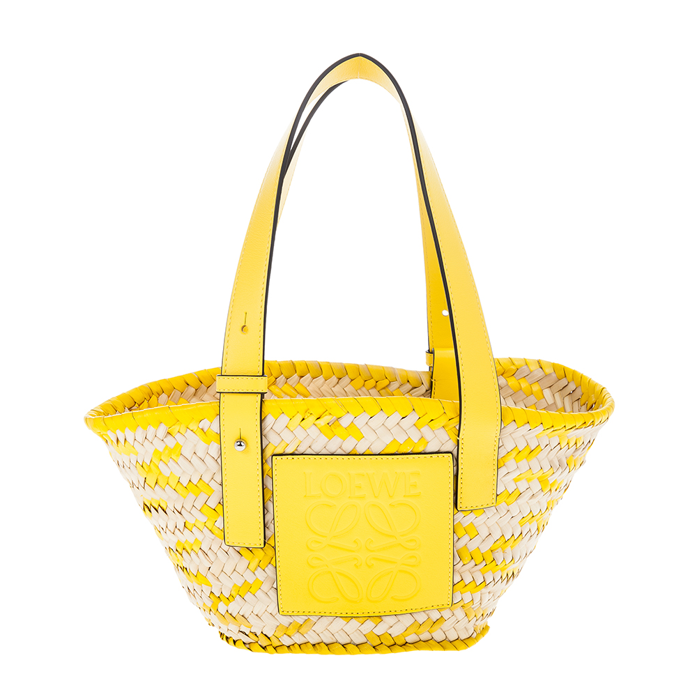 LOEWE 新款Anagram 立體壓紋拼皮小號棕櫚葉手提竹籃包 (檸檬黃)