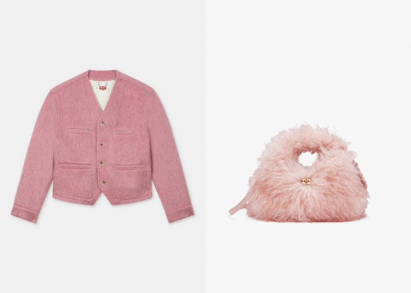 （圖／KENZO煙燻粉無領外套、GANNI毛絨感迷你流浪包）