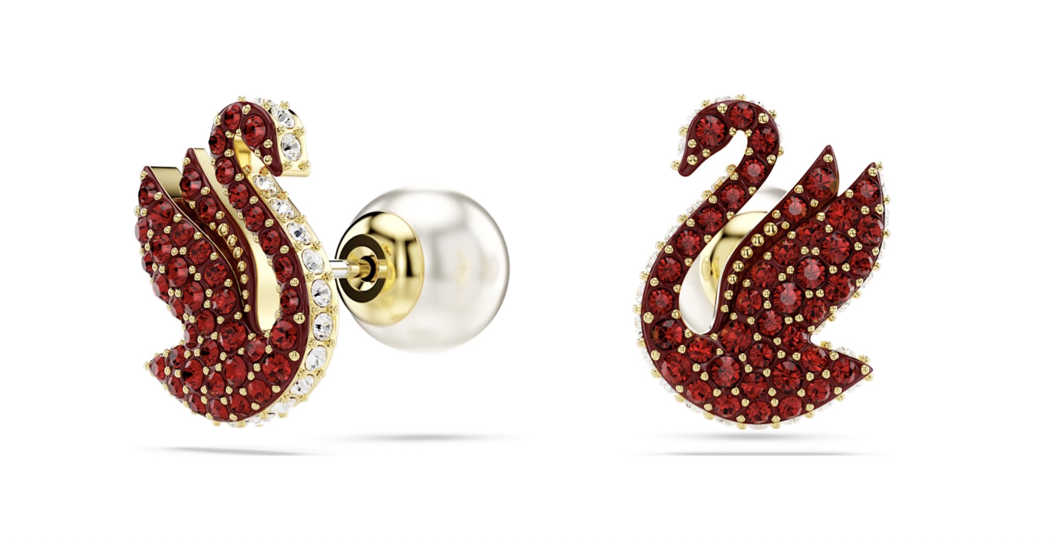 Swarovski Iconic Swan 耳釘天鵝, 紅色, 鍍金色色調