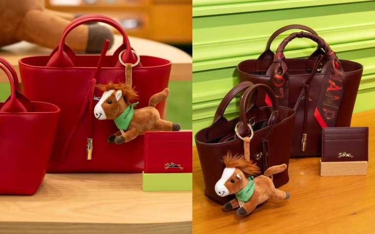 Longchamp Le Roseau系列手提包胭脂紅色、勃根地色/24,900元。Le Roseau系列手提包勃根地色/24,900元。Le Roseau系列托特包胭脂紅色、勃根地色/29,600元。馬年限定系列卡片夾胭脂紅色、勃根地色/4,300元。（圖／品牌提供）​