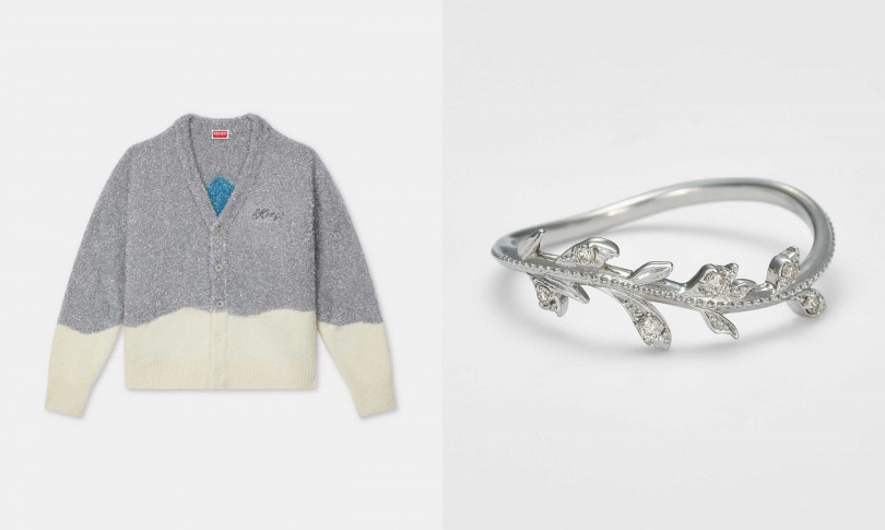 KENZO WINTER 限定銀色箔飾 KALI 針織開襟衫，agete 鉑金香根芹鑽石戒指（圖／品牌提供）