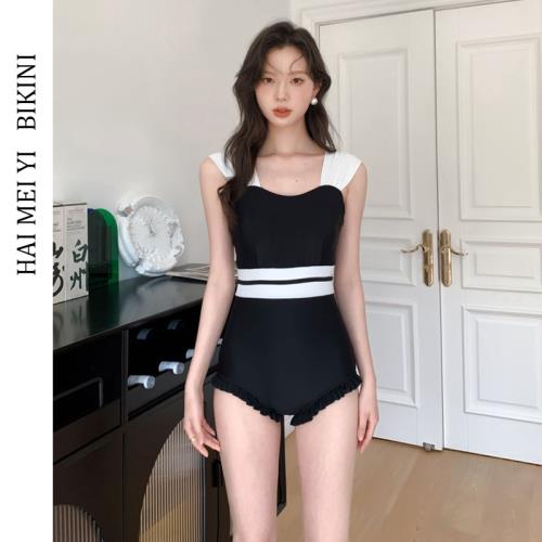 海美逸2024新款ins簡約保守大小胸顯瘦遮肚連體泳衣女溫泉游泳裝