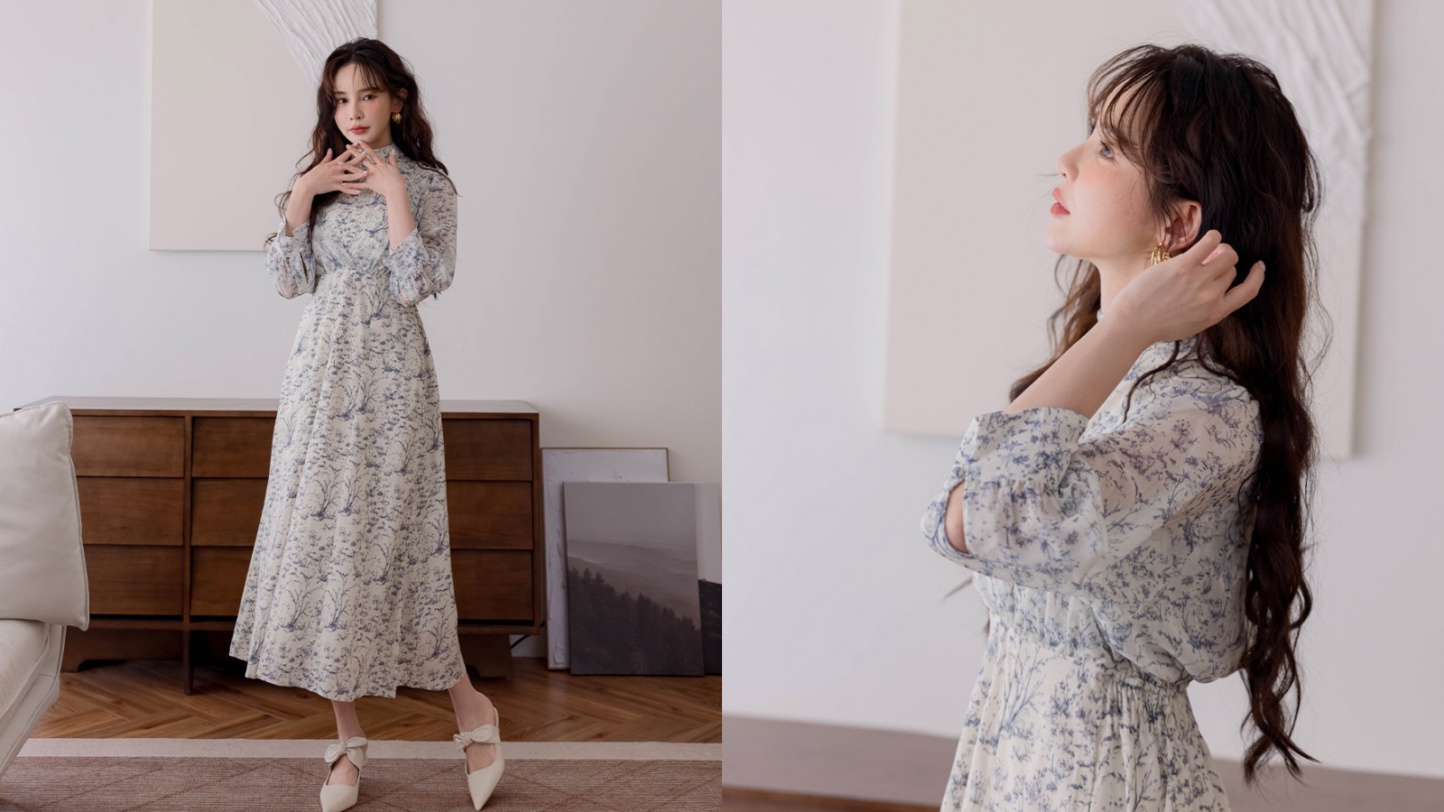 HOME SHOP露肩復古印花洋裝