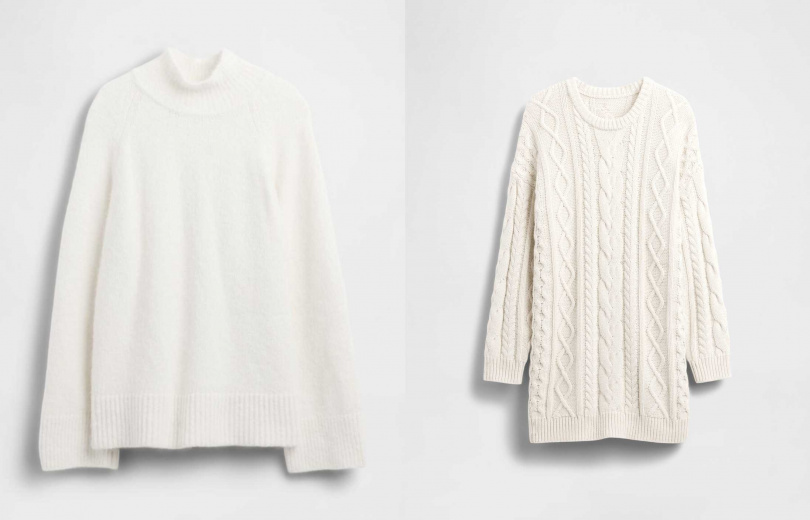 Gap 馬海毛高領毛衣／2,299元、圓領長袖針織洋裝／2,699元（圖／品牌提供）