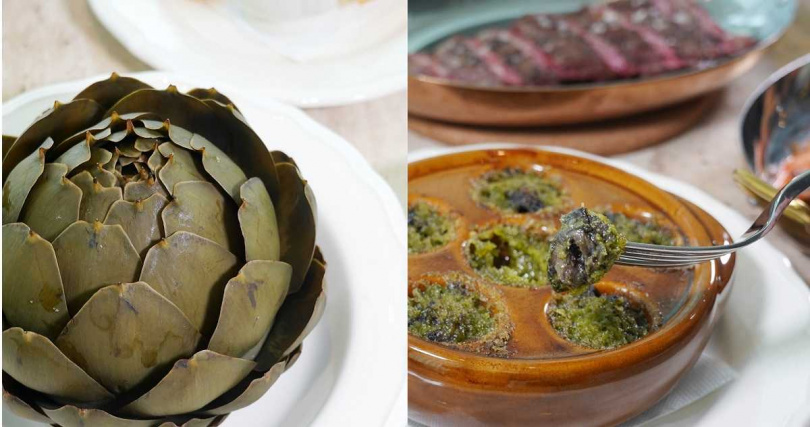 除了「整顆朝鮮薊佐大蒜鯷魚醬」（左，580元）值得一試，用韭菜取代香草來和奶油融合的「香蒜奶油烤蝸牛」，也在傳統中藏入一點新意。（220元，圖／魏妤靜攝）