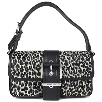 MICHAEL KORS Colby 中款 小牛毛豹紋皮革環扣翻蓋雙口袋肩背包(黑色)