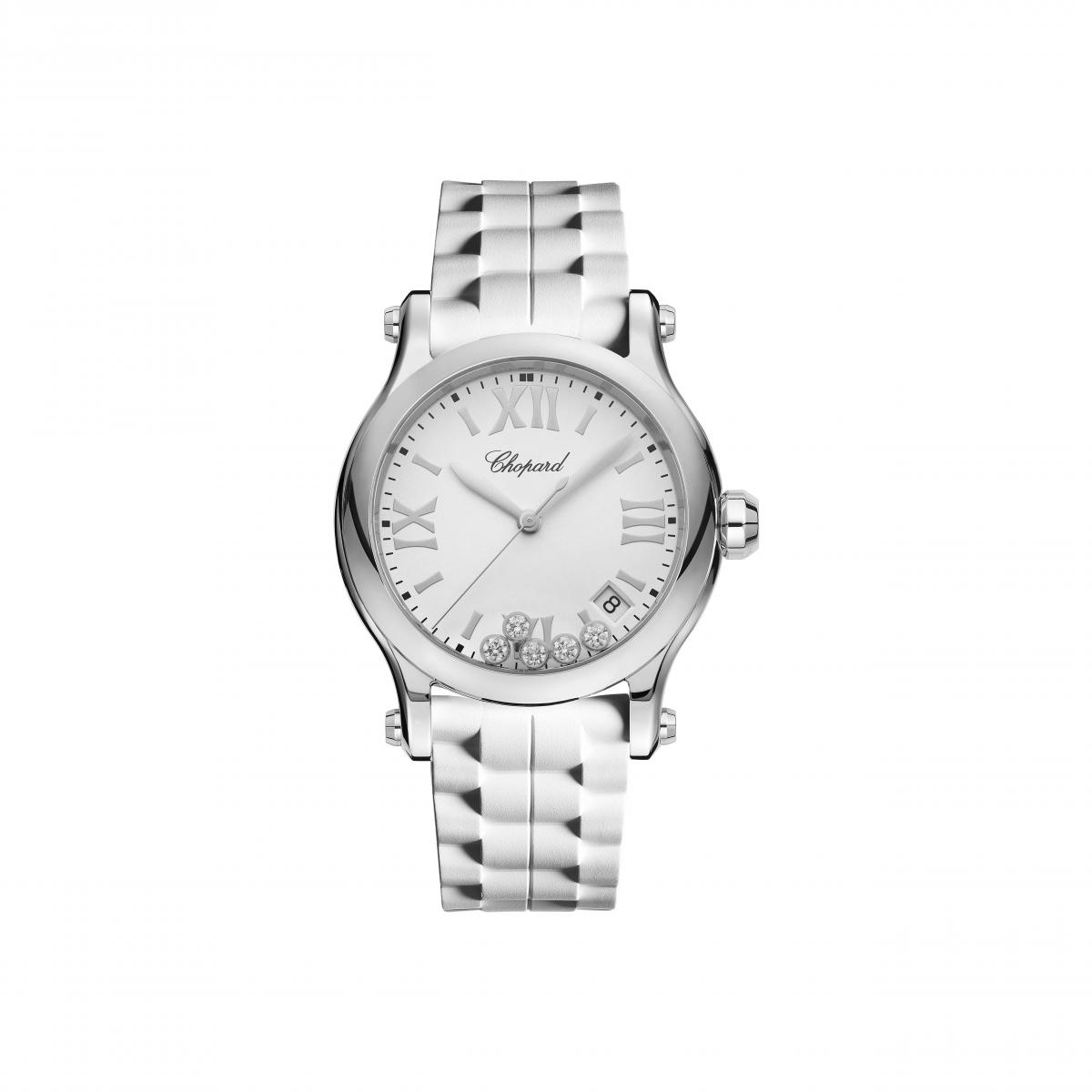 Chopard 的 Happy Sport 系列一直是俏皮與高級感的代名詞。36毫米的錶徑，讓自由滑動的鑽石在藍寶石玻璃下恣意舞動，像是一首腕間的快樂舞曲。