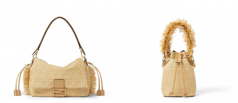 FENDI 拉菲草編織抽鬚造型Mamma Baguette(中)／106,500元，拉菲草抽鬚造型提把 FF LOGO水桶包／63,200元（圖／品牌提供）