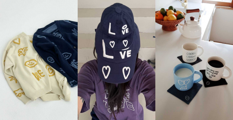 推薦必買:塗鴉開襟毛衣外套／3,980元；塗鴉棒球帽-海軍藍 ／1,580元；塗鴉馬克杯／590元（圖／品牌提供）