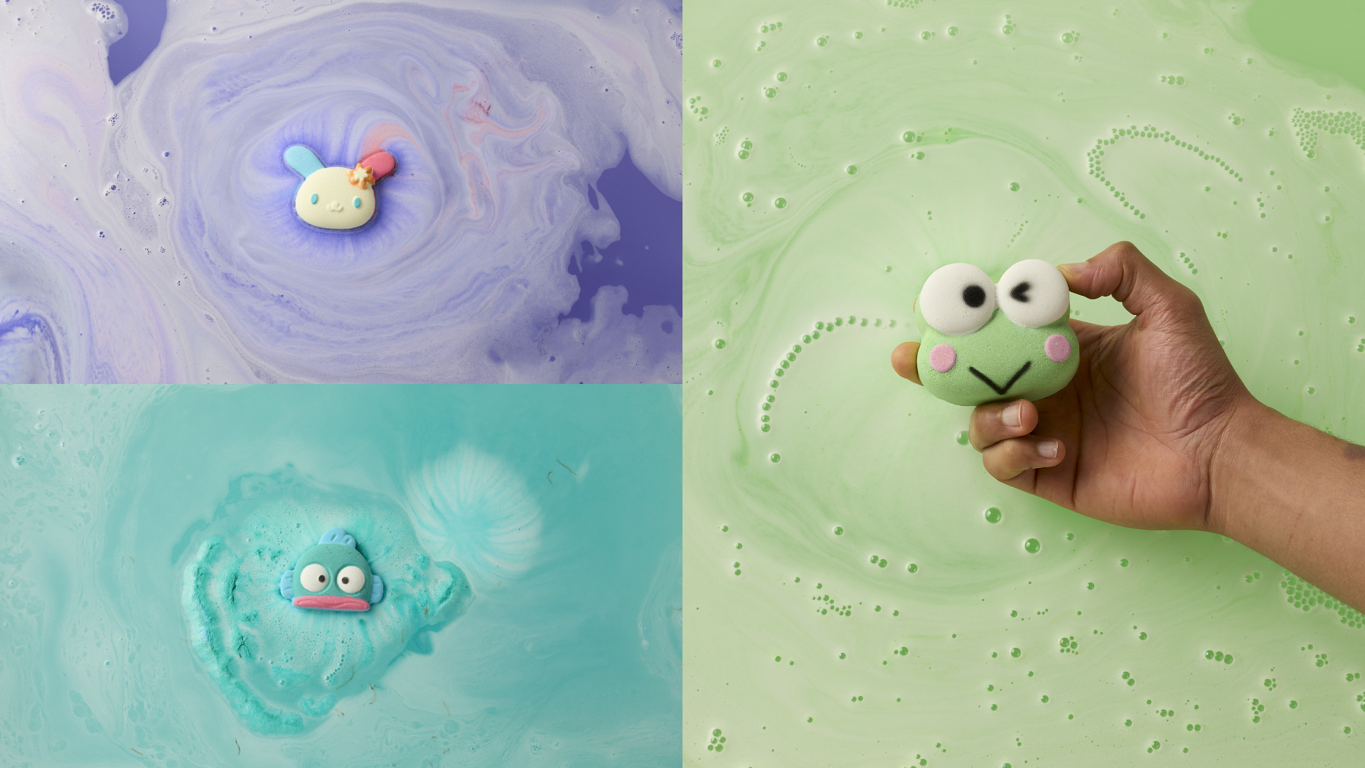 LUSH×Sanrio Characters人魚漢頓Hangyodon汽泡彈380元；大眼蛙汽泡彈380元；U・SA・HA・NA汽泡彈380元。圖片：品牌提供
