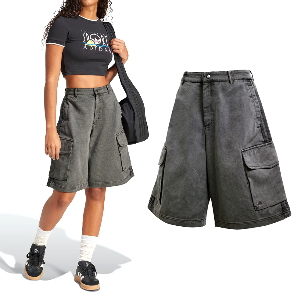 Adidas Cargo Jorts 女款 灰色 三葉草 亞規 寬鬆 休閒 水洗 工裝 短褲