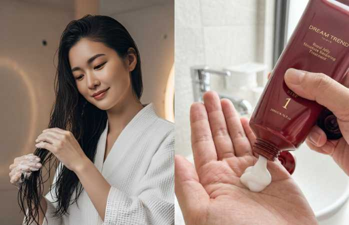 洗髮後先均勻塗抹第一劑，無需沖洗直接疊加第二劑，搭配輕拍或扭轉髮絲幫助吸收，停留5–10分鐘後沖洗；亦可利用浴室蒸氣加乘修護效果。（圖／品牌提供）