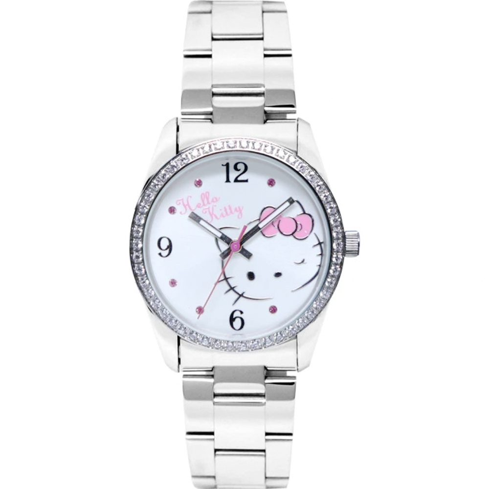 ［獻給最可愛的你］【Hello Kitty 凱蒂貓】 時尚大三針晶鑽女錶-白x銀/36mm LK691LWWA-S