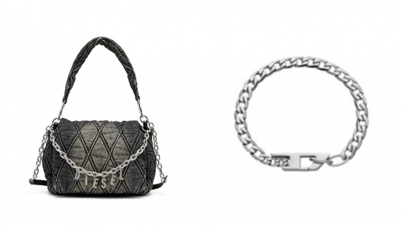 DIESEL CHARM-D 中型肩背包／21,500元，DIESEL手鍊／3,480元（圖／品牌提供）