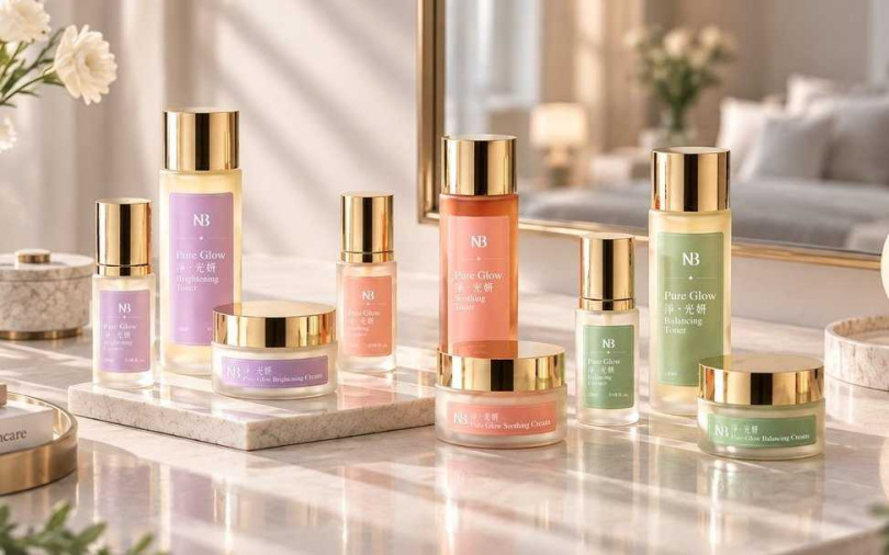 東森自然美全新「淨光妍Pure Glow」系列，依膚況細分亮白、平衡與舒潤三大客製保養。（圖／品牌提供）