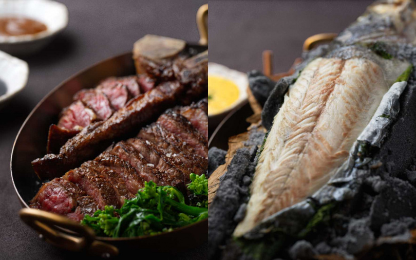 左圖為美國Prime丁骨牛排32oz、右圖為鹽烤當日鮮魚。（圖／品牌提供）