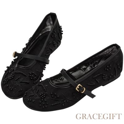 【Grace Gift】浪漫珍珠繡花網紗平底瑪莉珍鞋 黑