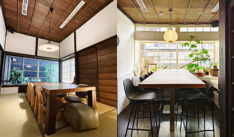 戴炎輝夫婦原本的主臥室現改為榻榻米包廂（左），廚房空間成為採光良好的高腳椅座位區。（圖／魏妤靜攝）