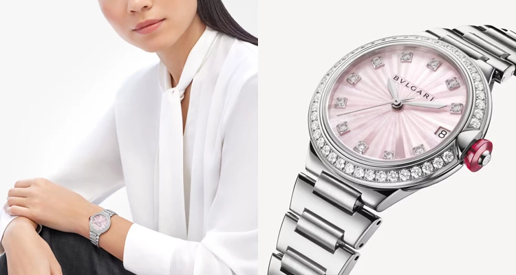 Bvlgari的「Lvcea」限量版腕錶將珠寶工藝完美融入日常配戴，最引人入勝的，莫過於採用傳統「嵌花」鑲嵌技術打造的粉紅色珍珠母貝錶盤，每一片切割面都經過獨立組裝，營造出如太陽射線般的立體光芒，將精緻的奢華感提升至藝術層次，而錶冠鑲嵌的紅碧璽，更是品牌最具識別度的優雅標記。