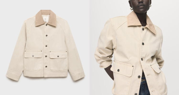 Mango這件奶油白色調的牛仔外套，以柔和溫潤的色澤展現低調而高雅的氣質。