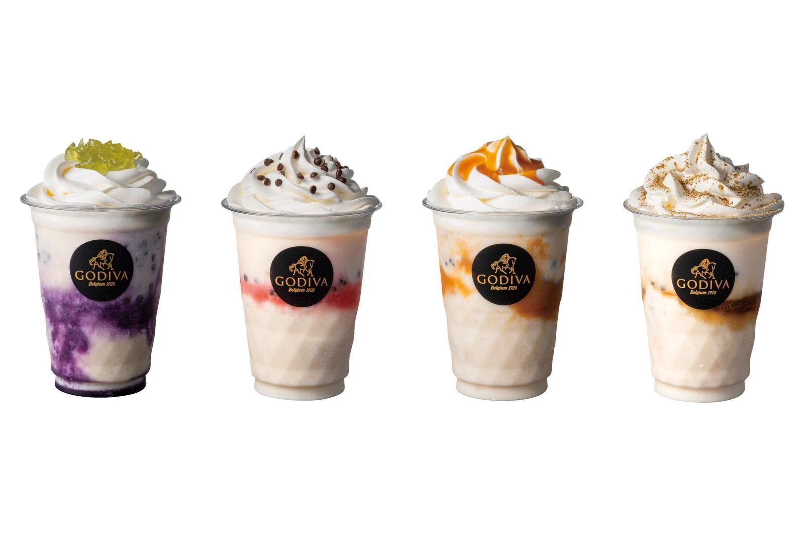 GODIVA 47 巧克力飲 標準尺寸各270ml 各800日圓 由左至右) 長野、富山、岐阜、石川