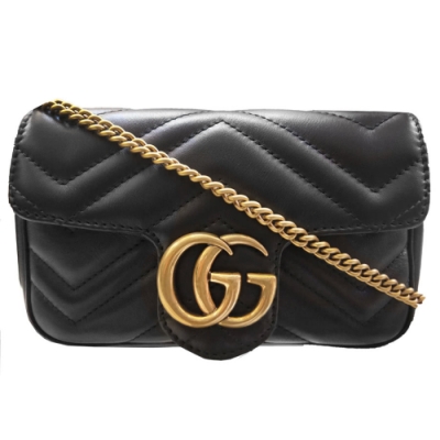 【GUCCI 古馳】476433 經典GG Marmont復古LOGO斜纹皮革MINI手拿/腰包/肩背/斜背包(黑色)