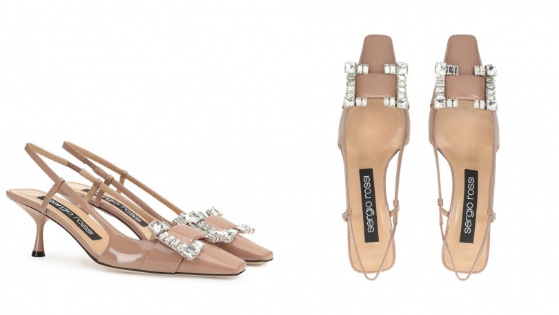 Sergio Rossi sr Twenty (Beige)水晶釦漆皮後繫帶高跟鞋／33,000元（圖／品牌提供）