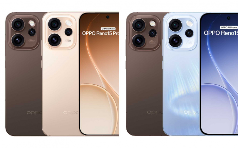（左）Reno15 Pro Max暮光金與夜漠棕、（右）Reno15 Pro極光藍與夜漠棕。（圖／OPPO提供）