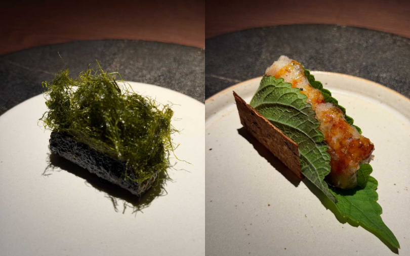 海苔  |魚子醬・干貝；鰻  |  牛蒡・紫蘇。