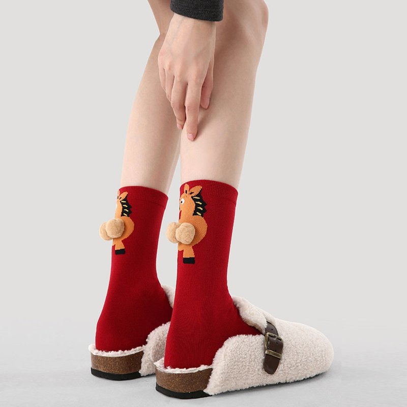 馬年襪子 新年趣味大紅襪 秋冬6雙組合中筒襪