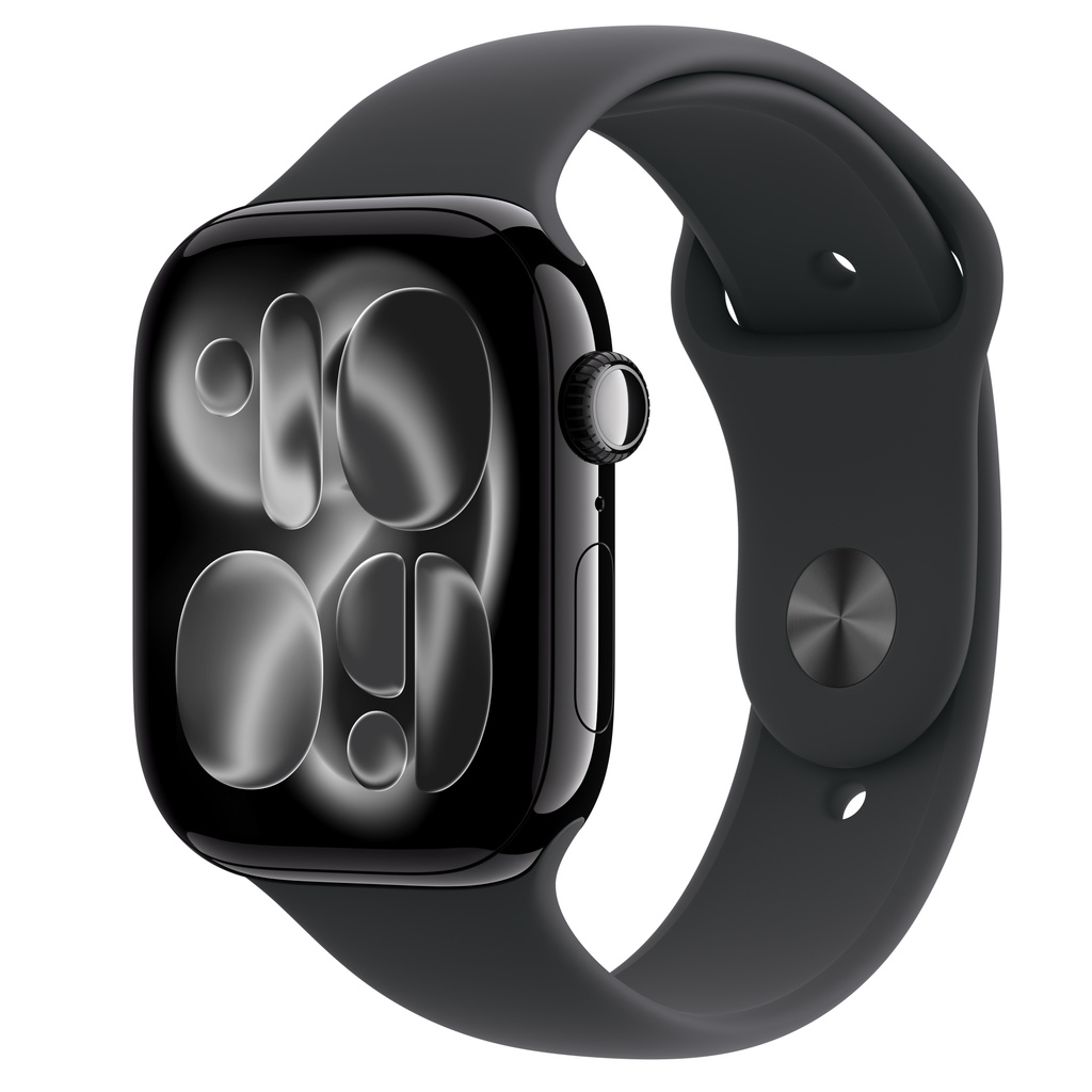 Apple Watch Series 11 (GPS)；46 公釐曜石黑色鋁金屬錶殼；黑色運動型錶帶 - S/M