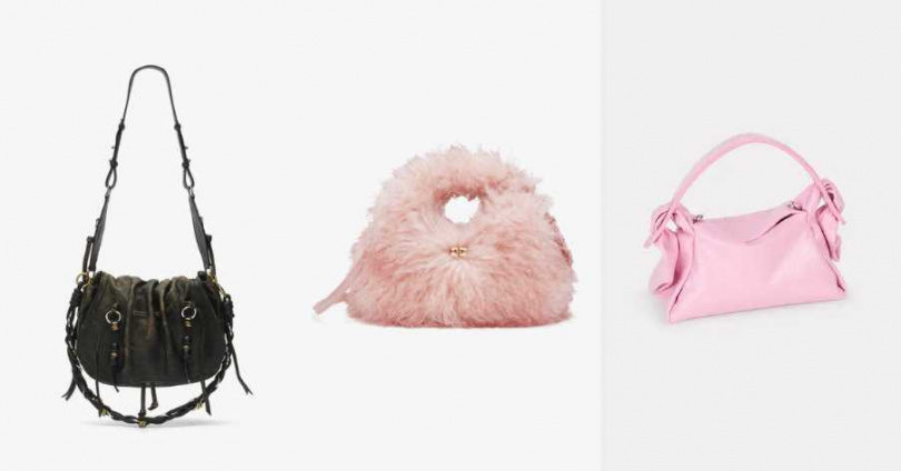 ISABEL MARANT BOLTON復古棕牛皮斜肩包； GANNI毛絨感迷你流浪包；KENZO FUROSHIKI亮粉色迷你斜背包（圖／品牌提供）