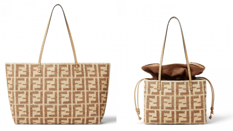 FENDI 拉菲草編織購物包(大)／67,400元，FENDI 拉菲草編織購物包(小)／61,200元（圖／品牌提供）