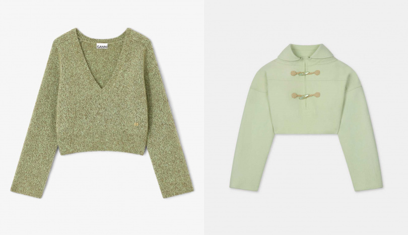 GANNI 絨面馬海毛混紡深 V 領針織上衣-尼羅河綠，KENZO LUCKY ME 杏核綠短版連帽上衣（圖／品牌提供）