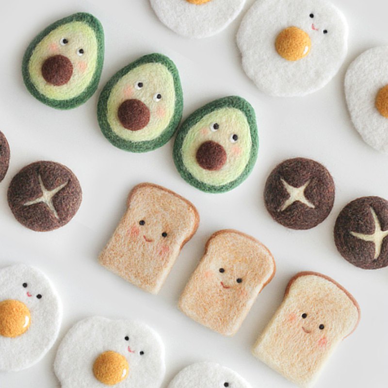 羊毛氈手作 早餐系列 吐司香菇荷包蛋牛油果 原創手工磁鐵飾品