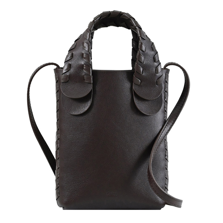 CHLOE MONY 品牌壓印LOGO編織飾邊迷你托特包.深咖