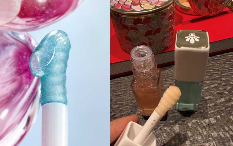 唇露的刷頭製作成蜂蜜勺，可以精準地取用適量產品。GUERLAIN KISSKISS法式之吻波光蜜漾豐唇露100 Warm Glow香檳粉、200 Cool Glow冰川藍／各1,500元。（圖／品牌提供、tingting攝）
