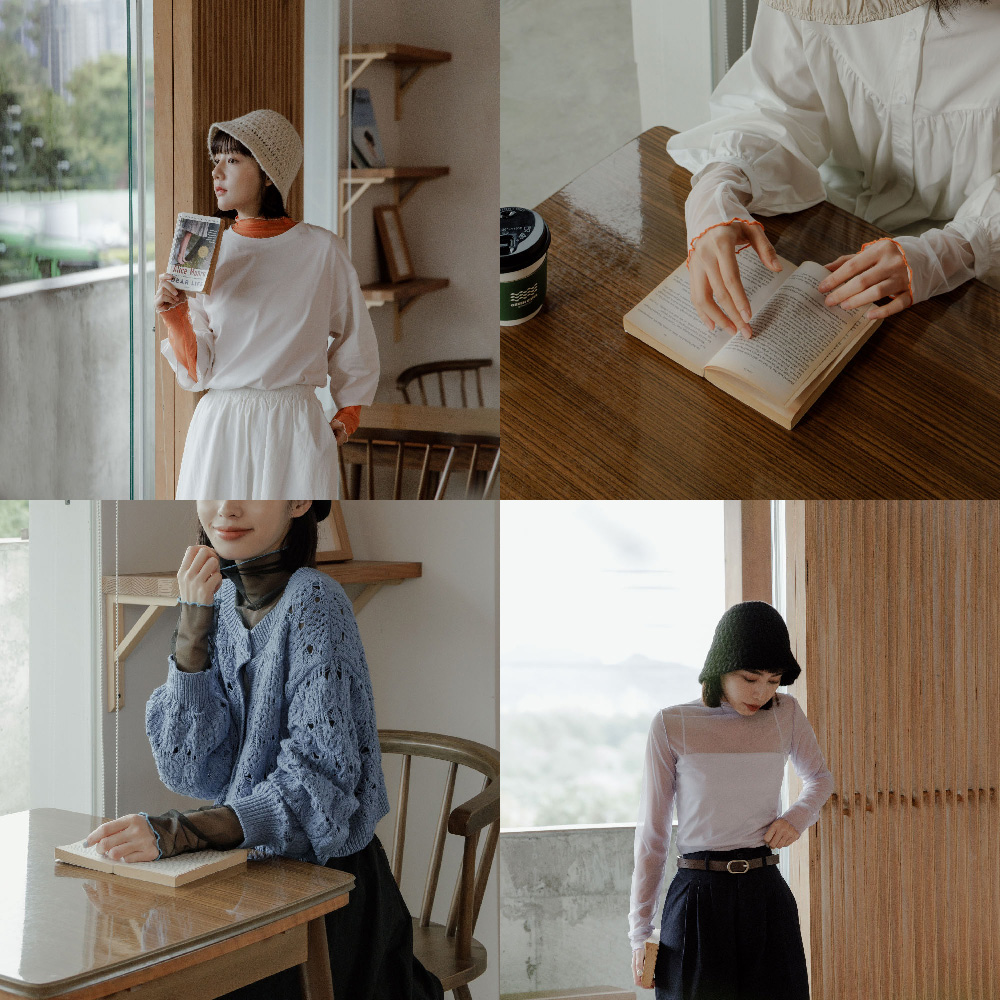 撞色木耳邊透膚網紗高領上衣 五色售