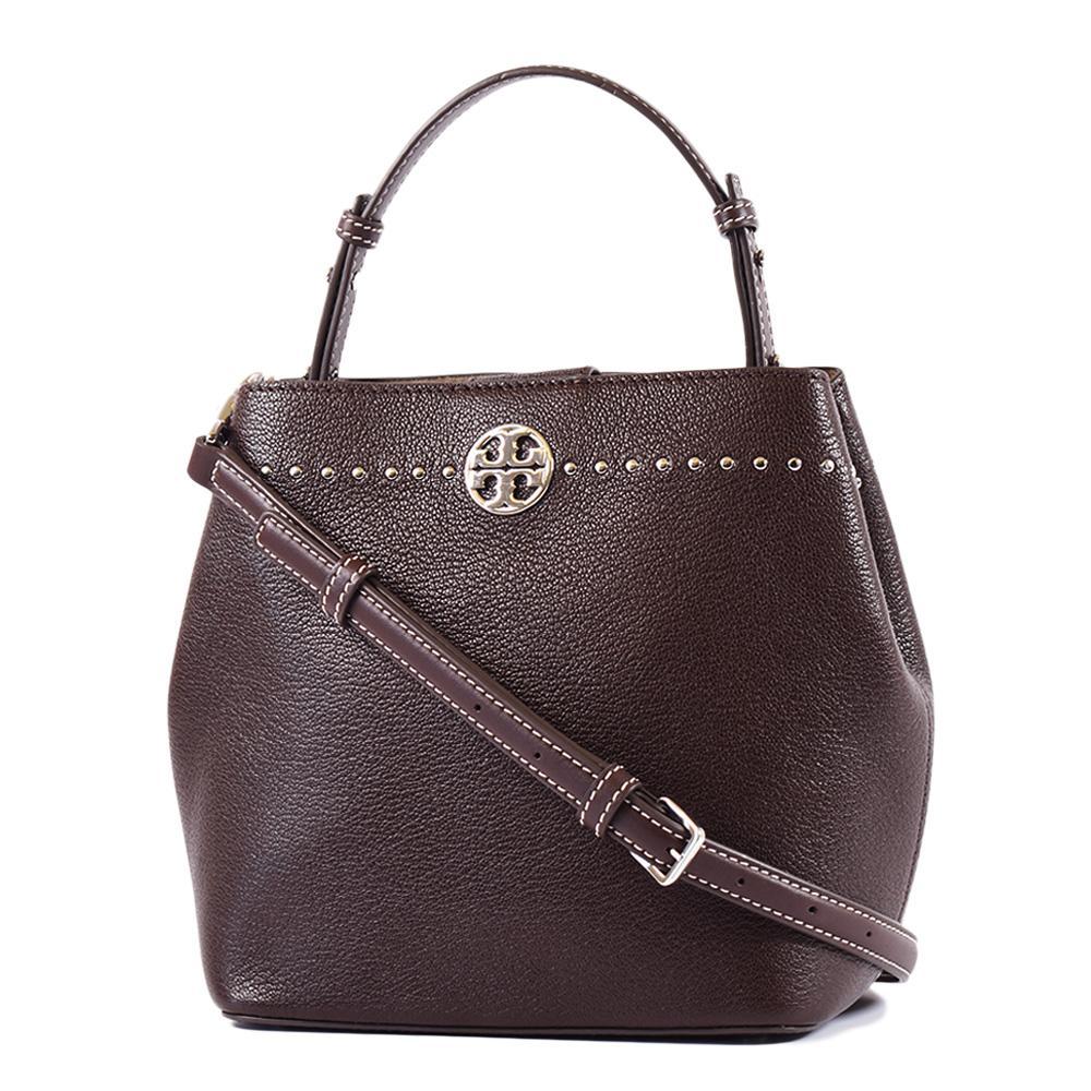 TORY BURCH 鉚釘荔枝紋磁釦手提斜背二用水桶包-咖啡色小