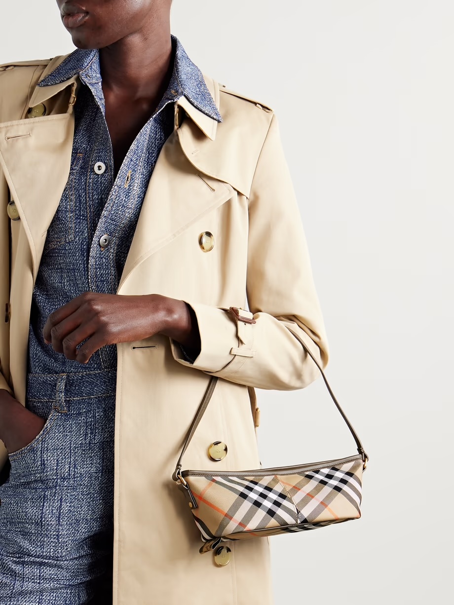 BURBERRY Leather-trimmed checked cotton-twill shoulder bag