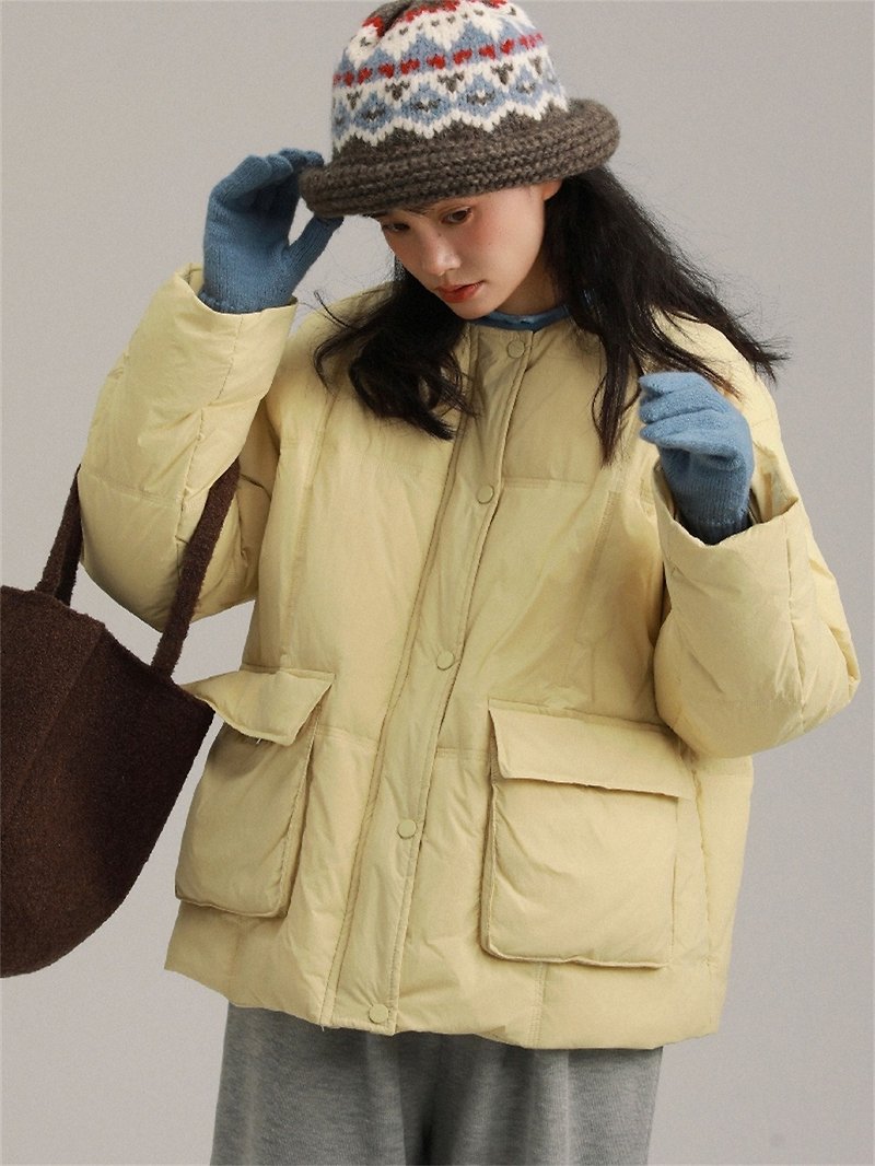 黃/粉/咖啡 3色 白鴨絨羽絨服 保暖圓領口袋寬鬆面包服外套 均碼