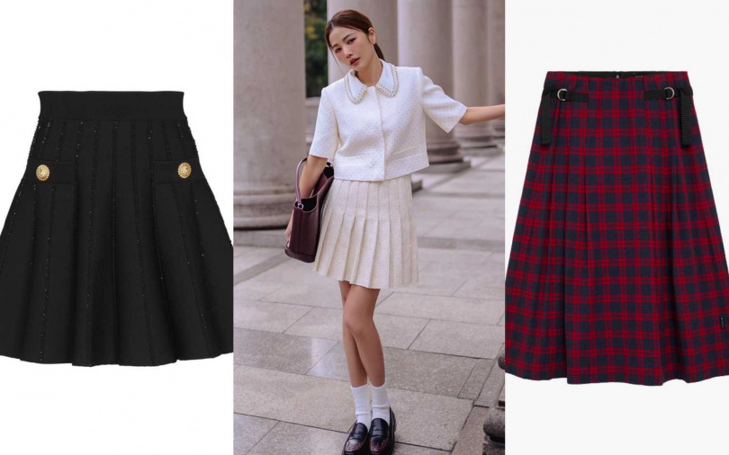 BALMAIN金獅釦金蔥百褶針織裙／價格店洽、SPORT b.格子百褶半身裙／6,580元（圖／品牌提供、取自許路兒IG）